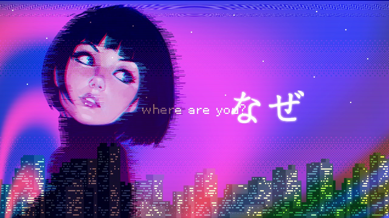 night skyline behind woman in black