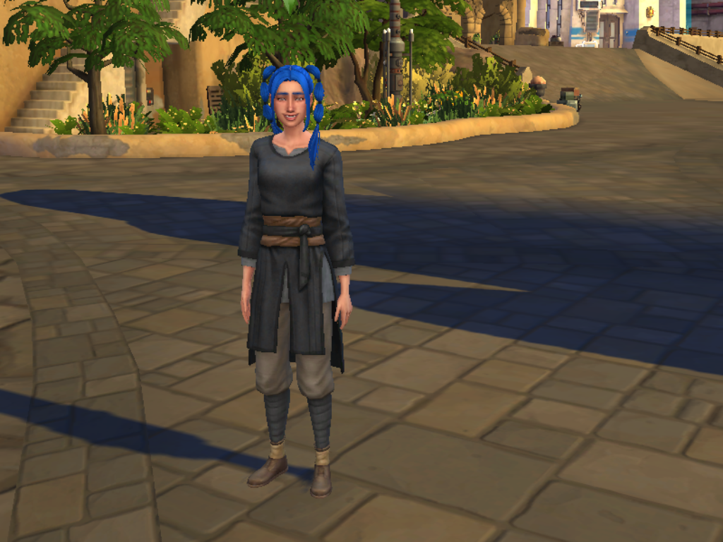 Female sim in gray clothes