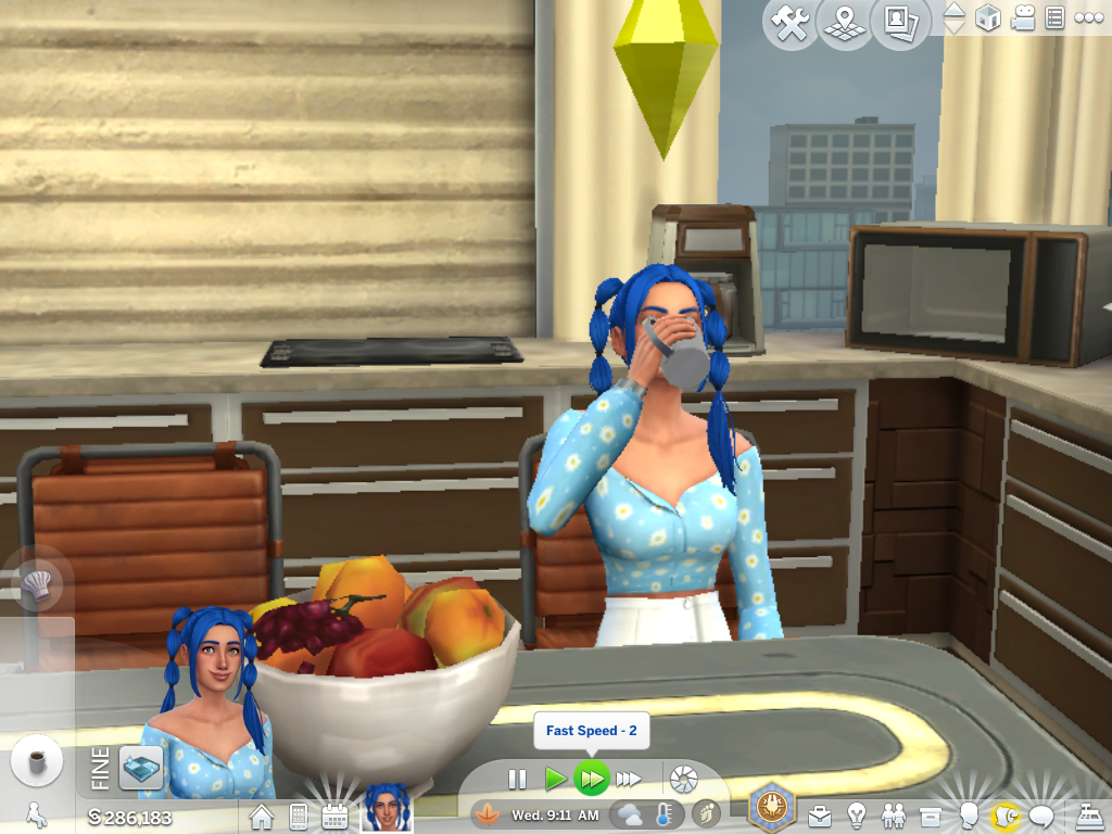 Sim drinking coffee