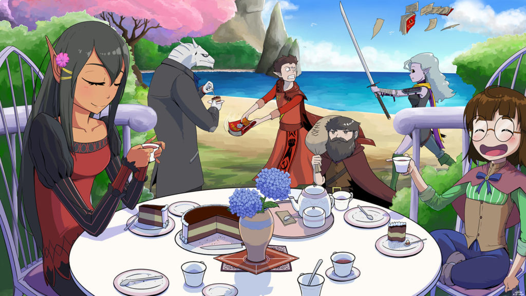 cartoon characters at outdoor dining table