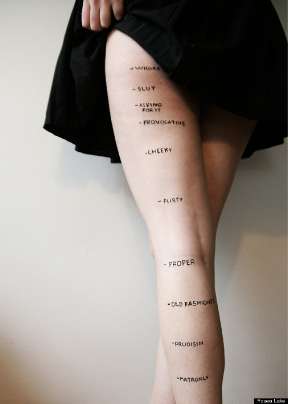 woman's leg with slut-shaming phrases on it