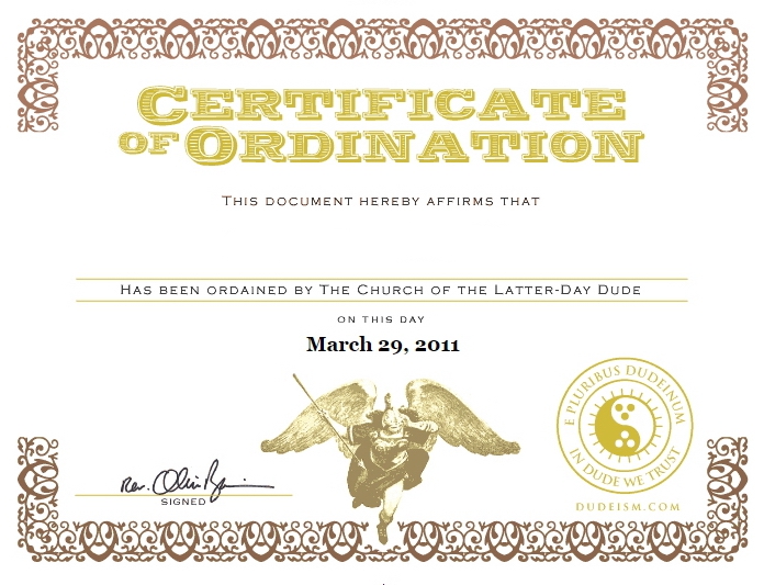 Certificate from the Dudist church