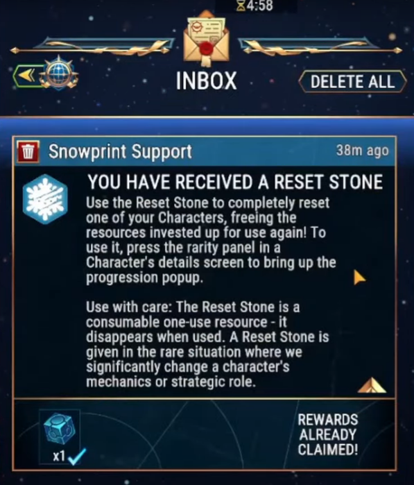 In-game screenshot showing the Reset Stone in a player's inbox