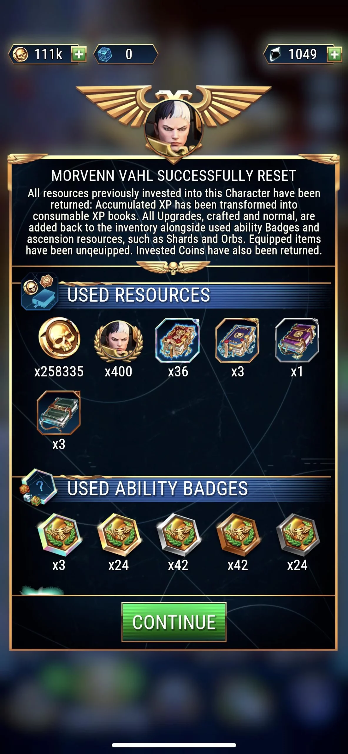 in-game screenshot showing Morvenn Vahl after using a Reset Stone